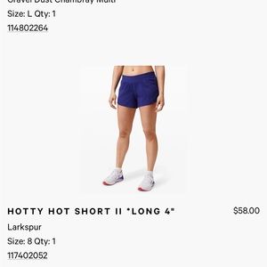 Lululemon Hotty Hot Low-Rise Lined Short 4” size 8 color larkspur
